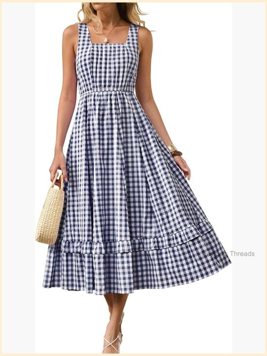 Dresses & Skirts - Womens Summer Casual Gingham Plaid Midi Dress Sleeveless Square Neck Flowy